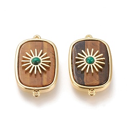 Тигровый глаз Соединители звеньев из натурального тигрового глаза и синтетического малахита, с долговечной позолоченной латунной фурнитурой из настоящего 18 k золота, прямоугольные, 28x16x6.2 мм, отверстие : 1.2 мм