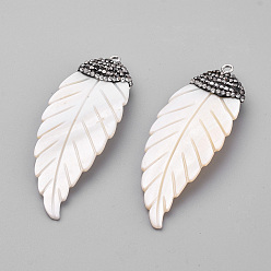 Creamy White Freshwater Shell Big Pendants, with Rhinestone, Leaf, Creamy White, 58.5x23x2mm, Hole: 2mm