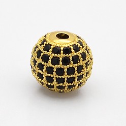 Golden CZ Brass Micro Pave Grade AAA Black Color Cubic Zirconia Round Beads, Cadmium Free & Nickel Free & Lead Free, Golden, 10mm, Hole: 2mm