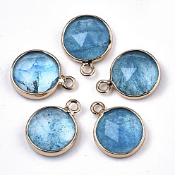 Deep Sky Blue Glass Charms, with Light Gold Tone Brass Findings, Flat Round, Faceted, Deep Sky Blue, 14x11x5mm, Hole: 1.5mm