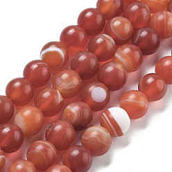 Темный Лосось Натуральный сорт полосатый агат / полосатый агат, окрашенная и подогревом, матовые, круглые, темный лосось, 8~8.5 мм, отверстие : 1.2 мм, около 39 шт / нитка, 14.56 дюйм (37 см)