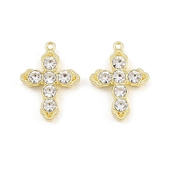 Golden Alloy with Crystal Rhinestone Pendants, Cross Charms, Rack Plating, Golden, 20x14.5x4mm, Hole: 1mm