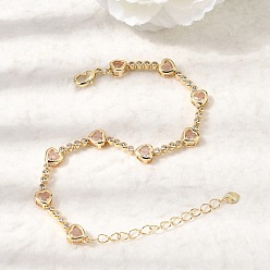 Pink Браслеты-цепочки из латуни в форме сердца с микропаве из кубического циркония для женщин, стойки покрытие, долговечный, реальный 18 k позолоченный, розовые, 7.32 дюйм (18.6 см)