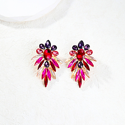 Красный Серьги-гвоздики из настоящего 18k-позолоченного сплава с микропаве кубического циркония, цветок, красные, 55x37 мм