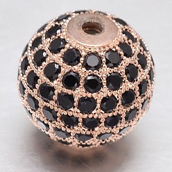 Rose Gold CZ Brass Micro Pave Cubic Zirconia Round Beads, Rose Gold, 8mm, Hole: 2mm