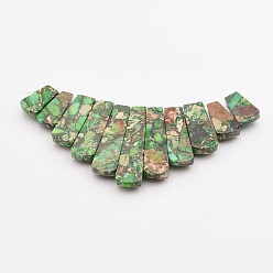 Green Assembled Gold Line and Imperial Jasper Beads Strands, Graduated Fan Pendants, Focal Beads, Dyed, Green, 16~39x9.5~10x5mm, Hole: 1mm, 11pcs/strand, 3.27 inch