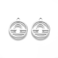Balance Pendentifs en acier inoxydable anti-ternissement, polissage manuel, bague avec douze constellations, couleur inox, libra, 201mm, Trou: 18x16x1.5mm