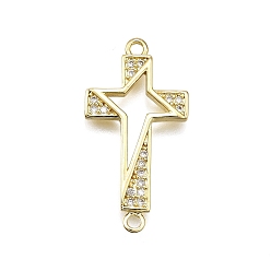 Настоящее золото 18K Латунный микропаве прозрачный кубический цирконий религия звезда крест соединительные подвески, долговечный, без свинца и без кадмия, реальный 18 k позолоченный, 28x14x2 мм, отверстие : 1.6 мм