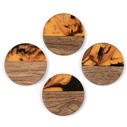 Orange Resin & Walnut Wood Pendants, Flat Round, Orange, 28x3mm, Hole: 2mm