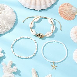 Золотой 3шт. 3 стили стеклянные бусины эластичные браслеты и браслеты с подвесками и натуральные смешанные бусины из ракушек каури плетеные браслеты, штабелируемые браслеты, золотые, внутренний диаметр: 1-5/8 дюйм (4 см) ~ 3-1/8 дюйм (8 см)