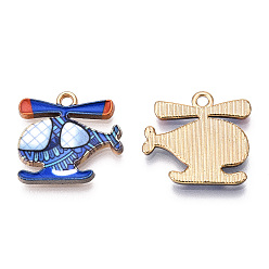 Blue Printed Alloy Pendants, Cadmium Free & Nickel Free & Lead Free, Light Gold, Helicopter Charm, Blue, 17.5x18.5x2mm, Hole: 1.8mm