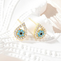 Настоящее золото 18K Серьги-гвоздики из латунного микро-паве, стойки покрытие, без свинца и без кадмия, слеза, реальный 18 k позолоченный, 10x7 мм