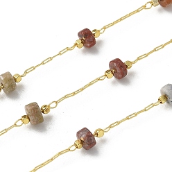 Смешанные камни Латунные цепные цепи, с природными смешанных каменных бус, ионное покрытие (ip), пайки, реальный 18 k позолоченный, с катушкой, 10.5x4.5 мм, 10 м / рулон