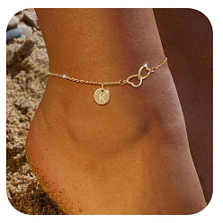 Letter K Латунные двойные сердечки плоские круглые инициалы браслеты на ногу для женщин, золотые, Письмо K, 9-1/8 дюйм (230 мм)