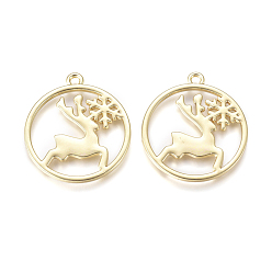 Golden Alloy Open Back Bezel Pendants, For DIY UV Resin, Epoxy Resin, Pressed Flower Jewelry, Round Ring with Elk Christmas Reindeer/Stag, Golden, 24.7x22x1.5mm, Hole: 1.6mm