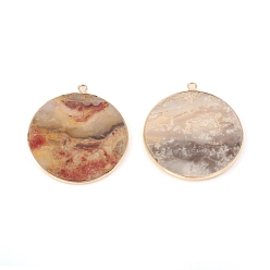 Crazy Agate Natural Crazy Agate Pendants, with Brass Findings, Flat Round, Golden, 32~34x28.5~31x2mm, Hole: 1.6mm