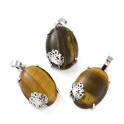 Tiger Eye Natural Tiger Eye Pendants, with Platinum Tone Brass Findings, Cadmium Free & Lead Free, Oval with Tree, 28~29.5x18.5x9.5mm, Hole: 8x5mm