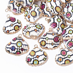 Polka Dot Electroplate Printed Natural Scallop Shell Pendants, Sea Shell Pendants, with Brass Loops, Polka Dot Pattern, 22~27x23~29x8~10mm, Hole: 1.8mm