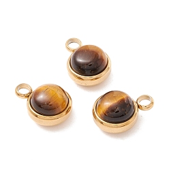 Тигровый глаз Природные тигровые очарования, с ионным покрытием (ip) 304 выводы из нержавеющей стали, полукруглый, реальный 18 k позолоченный, 13.5x10x7.5 мм, отверстие : 2.5 мм