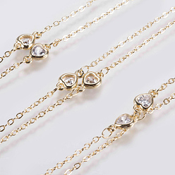 Golden Handmade Brass Beaded Chains, Soldered, with Faceted Cubic Zirconia Links, Heart, Golden, 39.3 inch(1m)
