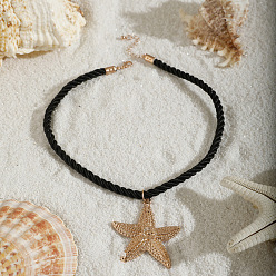 Черный Кулон в виде морской звезды из морского сплава, ожерелье из витого хлопкового шнура., золотые, чёрные, 16.73 дюйм (42.5 см), Кулон : 56x50 мм