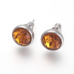 Свет Топаз 304 из нержавеющей стали серьги, со стразами, плоско-круглые, светлый топаз, 10x6 мм , штифт: 0.9 мм