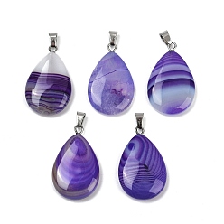Сине-фиолетовый Окрашенные натуральные агатовые подвески, подвески-слезинки с 201 дужками из нержавеющей стали, цвет нержавеющей стали, синий фиолетовый, 28~29x18~19x5~6 мм, отверстие : 5x3 мм