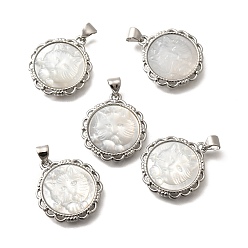Платина Латунный паве натуральный белый ракушка резные концы кошки, стойки покрытие, плоские круглые прелести, платина, 22x19.5x3.5 мм, отверстие : 3x4 мм