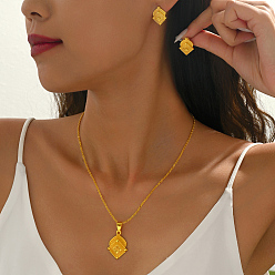 Настоящее золото 18K Комплект из латунного ромба с подвеской-цветком и серег-гвоздиков для женщин, реальный 18 k позолоченный, ожерелья: 17.32 дюйм (44 см)