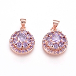 Medium Purple Brass Micro Pave Cubic Zirconia Pendants, Long-Lasting Plated, Flat Round with Flower, Flower Able Rotate, Rose Gold, Medium Purple, 17.5x14.5x8mm, Hole: 4x3.5mm