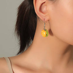 Yellow Iron Resin Dangle Earrings for Women, Hamberger, Platinum, Yellow, 30mm