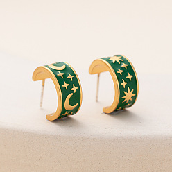 Зеленый Серьги-гвоздики с эмалевыми лунами и звездами, серьги-кольца из позолоченной латуни с 925 булавками из стерлингового серебра для женщин, зелёные, 14x8 мм