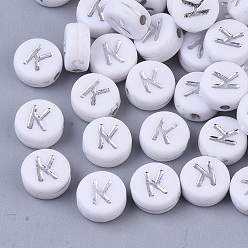 Letter K Покрытие акриловыми шариками, серебристого металла, обвитыми, горизонтальное отверстие, плоские круглые с буквы, белые, letter.k, 7x4 мм, отверстие : 1.2 мм, о 3600 шт / 500 г.