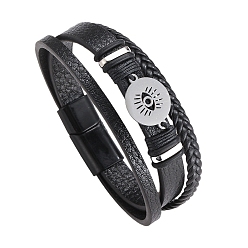 Черный PU кожаный браслет шнура, Трехслойные многожильные браслеты из нержавеющей стали от сглаза, с магнитной застежкой, чёрные, 8-1/4 дюйм (21 см)