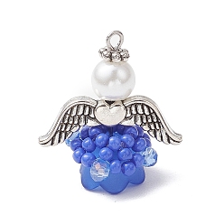Королевский синий Подвески-ангелы из стеклянных бисеров, с акриловыми бусинами, крыльями из сплава и петлей из нержавеющей стали, королевский синий, 304 мм, отверстие : 22.5x20x14 мм
