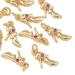 Real 18K Gold Plated SHEGRACE Brass & Cubic Zirconia Charms, High-Heeled Shoes Charms, Cadmium Free & Lead Free & Nickel Free, Deep Pink, Real 18K Gold Plated, 6.5x11x2mm, Hole: 2.5mm