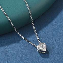 Нержавеющая Сталь Цвет 304 подвесные из нержавеющей стали ожерелья, с кулоном из латуни с фианитами, сердце, прозрачные, цвет нержавеющей стали, 17.6 дюйм (45 см), Кулон : 7x7x4 мм