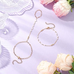 Золотой 2шт. 2 стили латунные цепочки ручной работы с гранеными стеклянными звеньями браслет и набор из браслетов с кольцами, золотые, 7-1/2 дюйм (19.2 см)