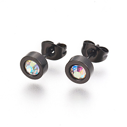 Черный Цвет Металла 304 из нержавеющей стали уха шпильки, со стразами, плоско-круглые, хрусталь AB, металлический черный , 14 мм , штифт: 0.7 мм