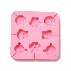 Pink DIY Lollipop Making Food Grade Silicone Molds, Candy Molds, Paw Print, Hippo's Head, Bear's Head & Flat Round with Spiral, 8 Cavities, Pink, 165x165x12mm, Fit for 3mm Stick