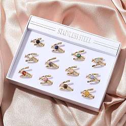 Смешанные камни Круглые кольца из смешанных натуральных камней, 304 из нержавеющей стали манжеты кольца, реальный 18 k позолоченный, ионное покрытие (ip), 2.5~20 мм, внутренний диаметр: 19.2 мм, 12 шт / комплект