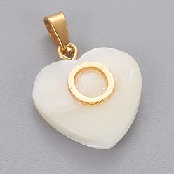 Letter O Shell Anhänger, mit 304 Edelstahl Zubehör, Herz mit Brief, golden, letter.o, 23.5x20x7 mm, Bohrung: 3.5x7 mm