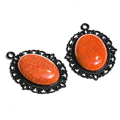 Goldstone Synthetic Goldstone Pendants, Black Metal Oval Charms, 40x30x7mm
