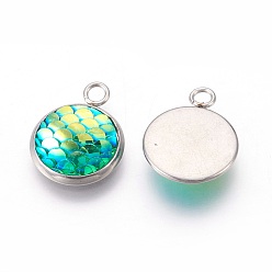 Spring Green Resin Pendants, with 304 Stainless Steel Finding, Flat Round with Mermaid Fish Scale Shaped, Stainless Steel Color, Spring Green, 18x14x3.5mm, Hole: 2mm