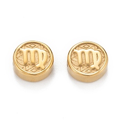 Virgo Ion Plating(IP) 304 Stainless Steel Beads, Flat Round with Constellations Pattern, Virgo, 9.8~10x4.2mm, Hole: 1.8mm