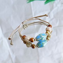 Светло-Голубой Овальные керамические бусины плетеные браслеты из бисера, регулируемые плетеные браслеты из вощеного шнура для женщин, Небесно-голубой, 4~9-7/8 дюйм (10~25 см)