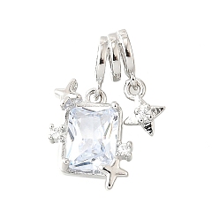 Платина Латунные микро проложить кубического циркония подвески, прямоугольник со звездой, долговечный, без кадмия и без свинца, стойки покрытие, платина, 19.5 мм, отверстие : 2.4x3.6 мм