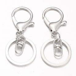 Platinum Iron Split Key Rings Keychain Clasp Findings, with Alloy Lobster Claw Clasps and Swivel Clasps, Platinum, 66mm