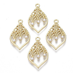 Light Gold Alloy Pendants, with ABS Plastic Imitation Pearl, Leaf, White, Light Gold, 26x15x3.5mm, Hole: 1.8mm