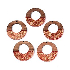 Темно-Красный Подвески из непрозрачной смолы и орехового дерева, плоские круглые прелести, с блестящей пудрой и золотой фольгой, темно-красный, 38x3~3.5 мм, отверстие : 2 мм